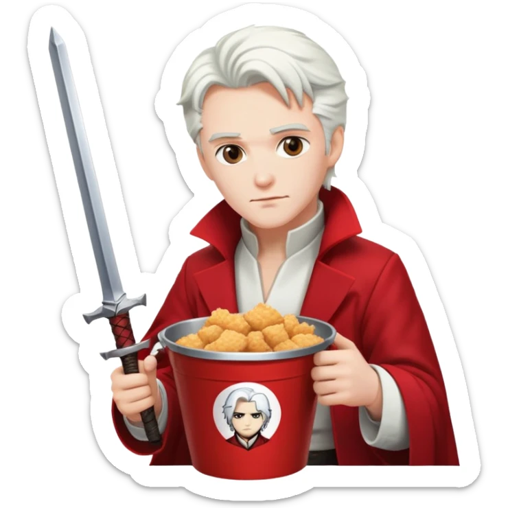 Dante from Devil May Cry sitting in a KFC bucket, red coat, white hair, rebellion sword sticker