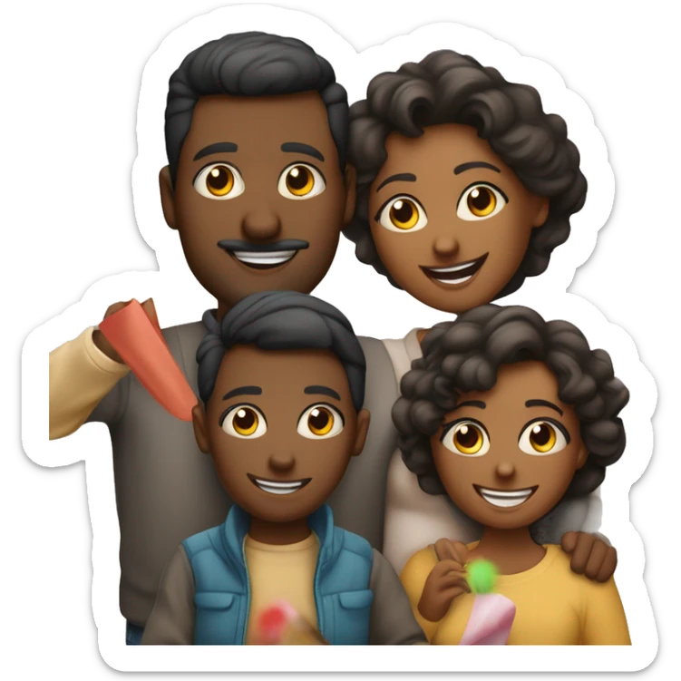  family of 4 people (mom dad and 2 kids) celebrate new year in birthday hats/ not nigers sticker