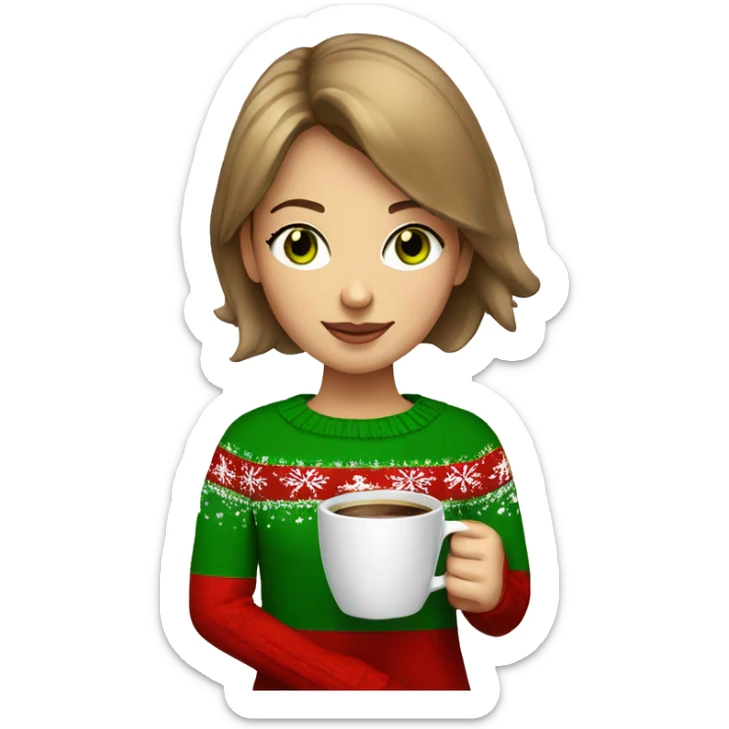 Light brown short haired girl with green eyes drinking coffee wearing red Christmas sweater sticker