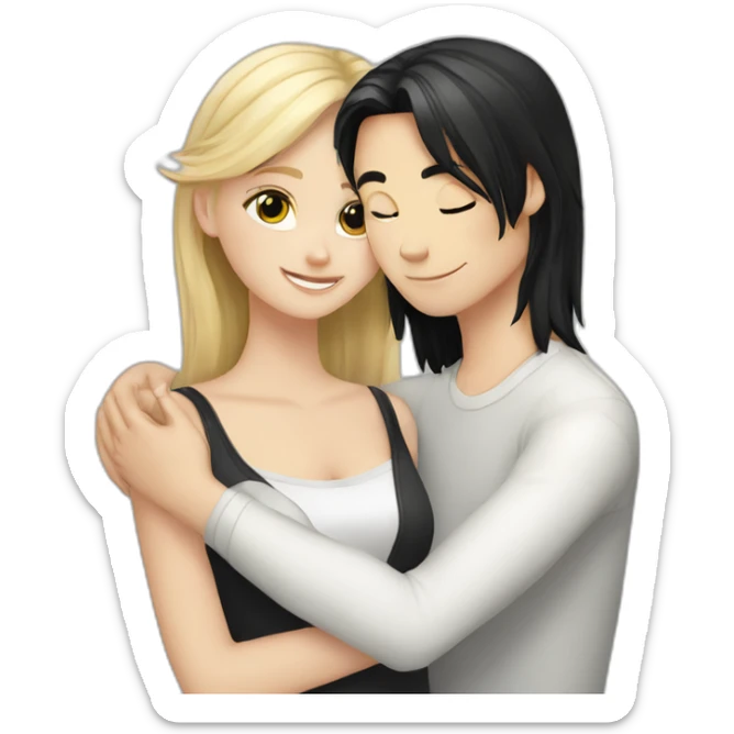 blond white girl hug white boy with black hair and white and grey cat an sticker