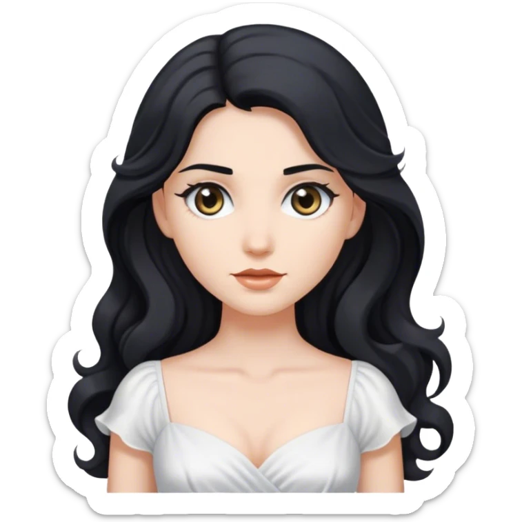 woman with long, wavy black hair, gray eyes, and wearing a white dress sticker