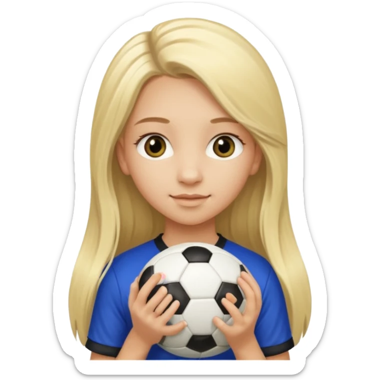 A girl with long light blonde hair with long eyelashes that looks around 13 years old with a soccer ball sticker