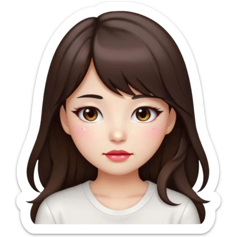 “japanese style Emoji brunette girl long hair with side bangs white top, dewy skin, heavy blush across cheeks and nose bridge, glossy cherry lips, soft eyeliner, teary sparkling eyes sticker