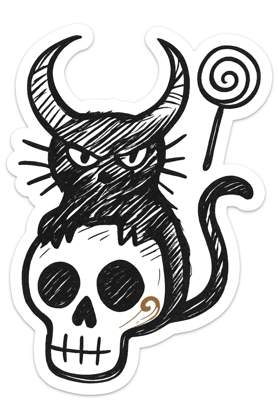 Add the iconic lollipop from the Trick 'R Treat movie hanging from one of the cat's demon horns, hand drawn style with expressive linework, no fill, preserve the red spiral on the skull, transparent background. sticker