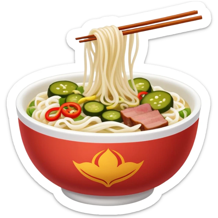Guilin rice noodles with pickles and meat topping, simplified emoji style with bold outlines and bright colors, cartoon style rice noodle bowl sticker