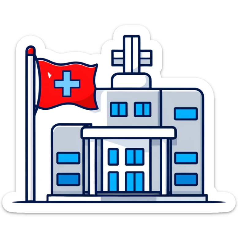 Modern hospital with Thai flag prominently displayed, medical symbol, flag with red white blue stripes sticker