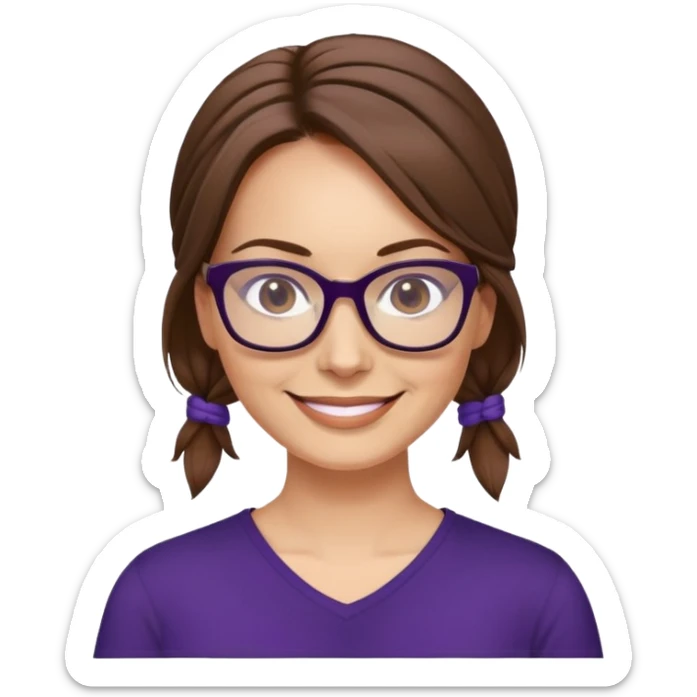nữ 40 tuổi, da trắng, tóc được buộc gọn gàng màu nâu, mặt cười tươi vui vẻ, đeo kính màu đen, áo tím đậm sticker