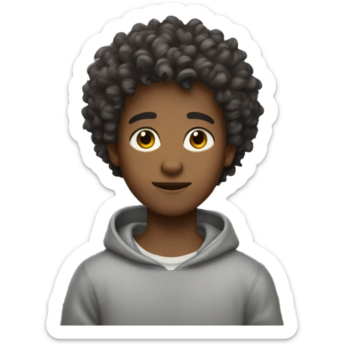 A curly boy with slightly dark skin, dark brown hair, light eyes and a gray sweatshirt sticker