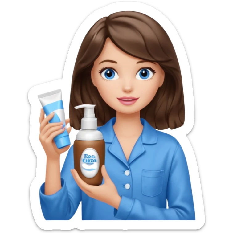 Barbie girl with makeup, blue eyes , and bob long haircut wavy, short brown hair in brown pajamas, face cream in hand sticker