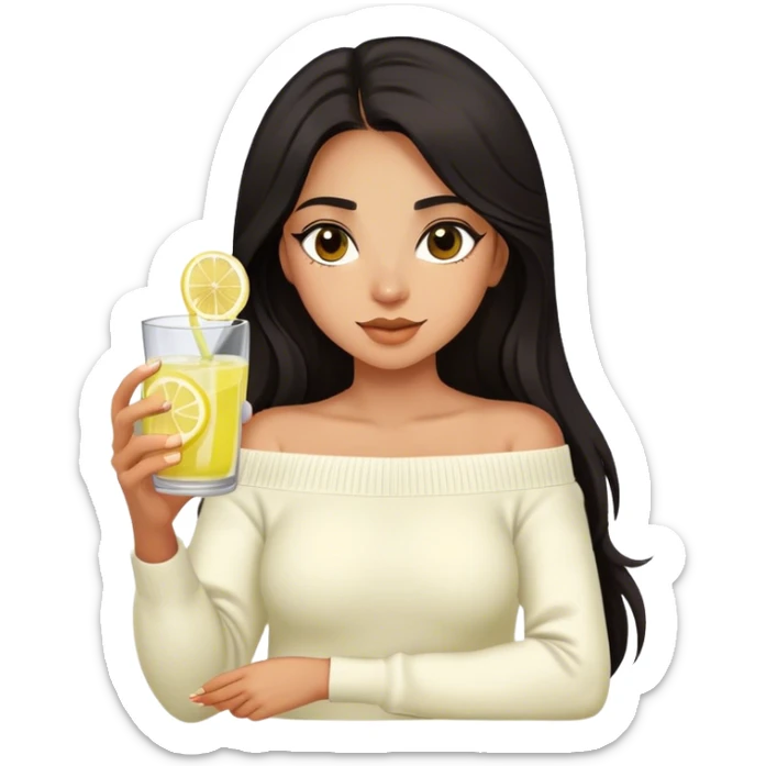 Latina girl with dark long hair and dark eyes and olive skin wearing white off shoulder sweater with lemonade in glass with lemon in hand sticker