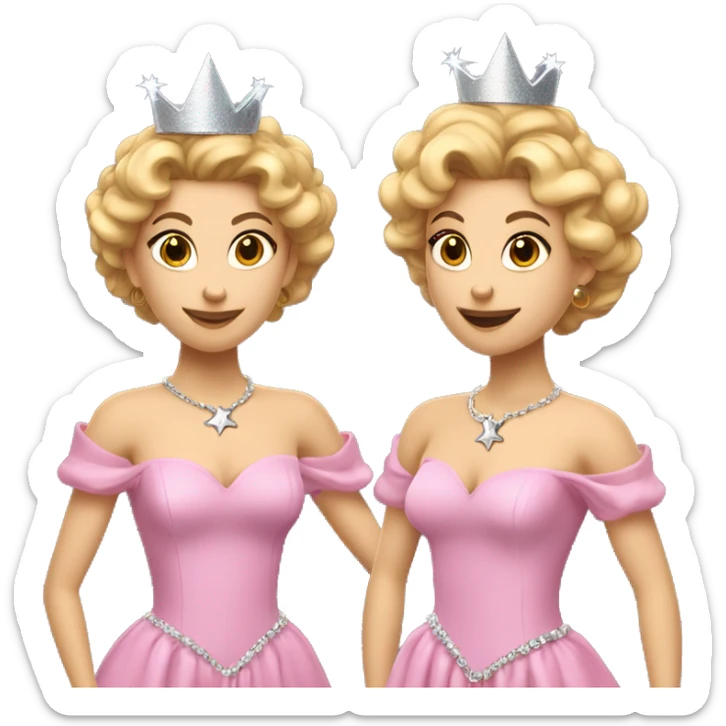 A white skinned woman with golden-blonde curls in an updo. Wearing a pink ball gown with puffy shoulders, a silver crown, and holding a star wand. Radiates charm and magic. sticker