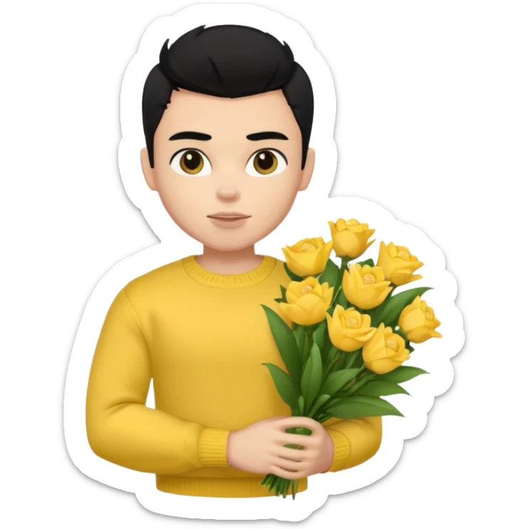 a pretty bratz guy carrying a bouquet and a yellow sweater. Muscled. black hair sticker