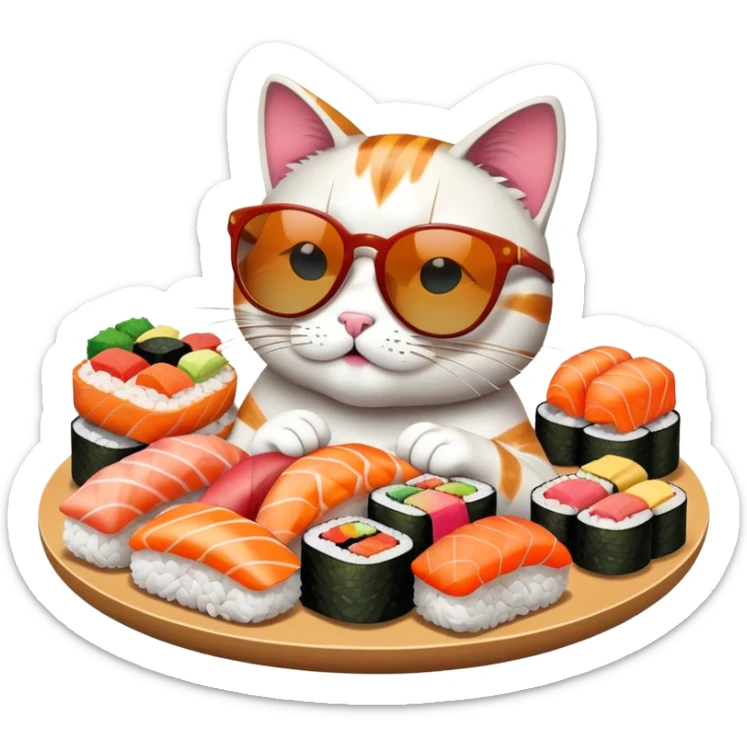 cool cat wearing sunglasses eating a big pile of colorful sushi pieces, stylish cat enjoying sushi sticker