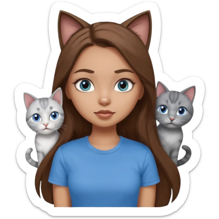 a pretty bratz dusky light skin girl with long brown hair, blue eyes with six cats nd wearing a grey tshirt sticker