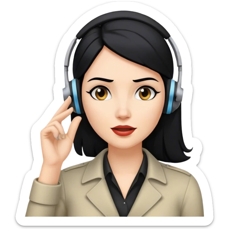 white Woman  with black hair with headset and her hand in her left ear like trying ti hear better like a spy enjoying the gossip sticker