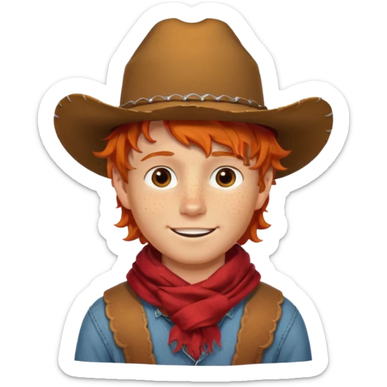 a wavy orange hair boy wearing a cowboy hat with a mischievous grin and freckles with western red scarf on his neck sticker
