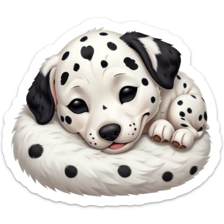Meme-Worthy Cute Sleeping Spotted Dalmatian Portrait Emoji, Head resting peacefully with a contented smile, showcasing a delightfully majestic build and a luxuriously soft Fur of predominantly white with bold black patches, eyes shut in a serene nap, Simplified yet hilariously adorable features, highly detailed, glowing with a soft, drowsy light, high shine, relaxed and utterly lovable, stylized with an air of playful laziness, bright and heartwarming, soft glowing outline, capturing the essence of a comically sleepy guardian, so meme-worthy it feels like it could instantly become the next viral sensation of adorable slumber! sticker
