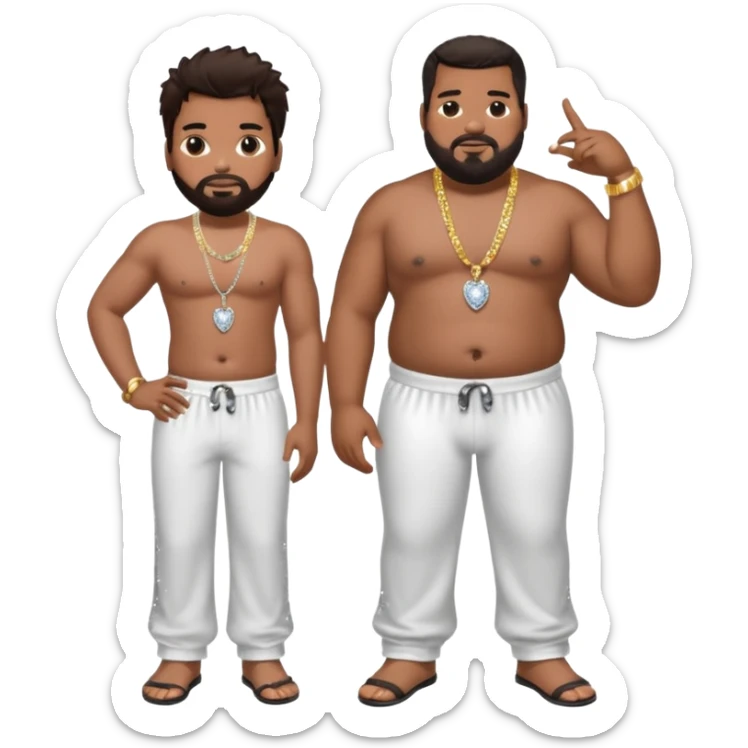 Fatman Scoop with dark brown hair, white sequin baggy pants, shirtless with necklace sticker