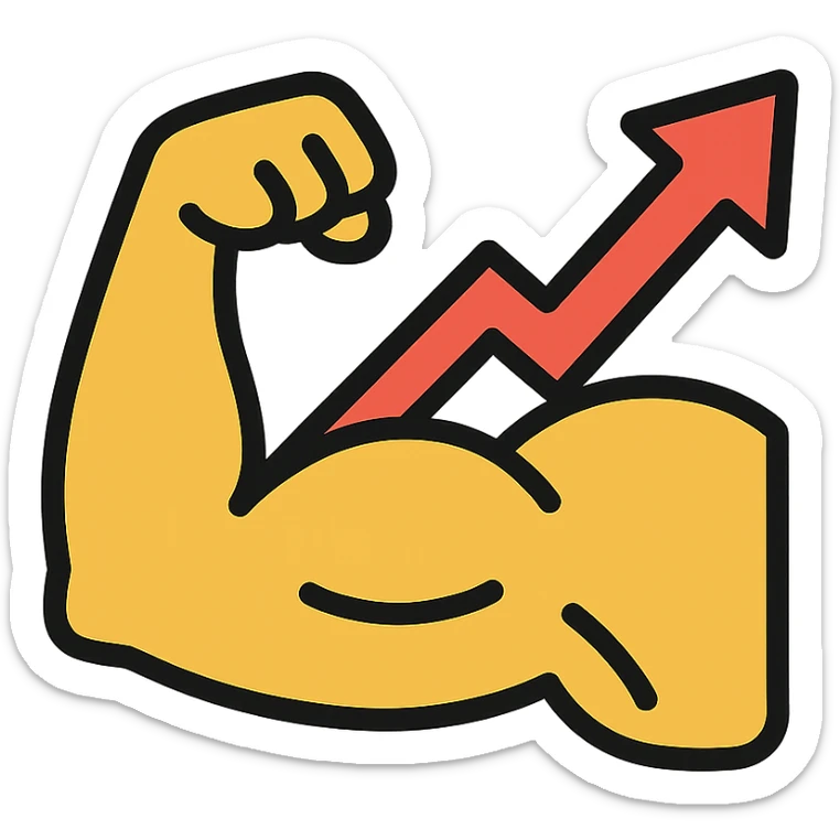 colored icon of a strong flexed arm with an upward and to the right graph arrow, symbolizing increasing strength sticker