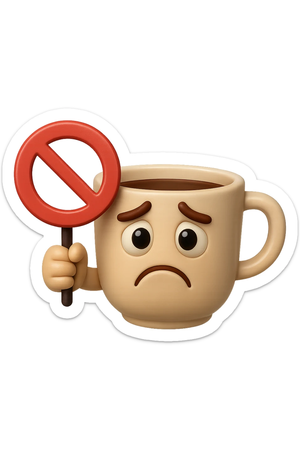 emoji stile iphone di una tazzina di caffè con espressione triste in volto mentre tiene un divieto in mano, iperrealistico 4k sticker