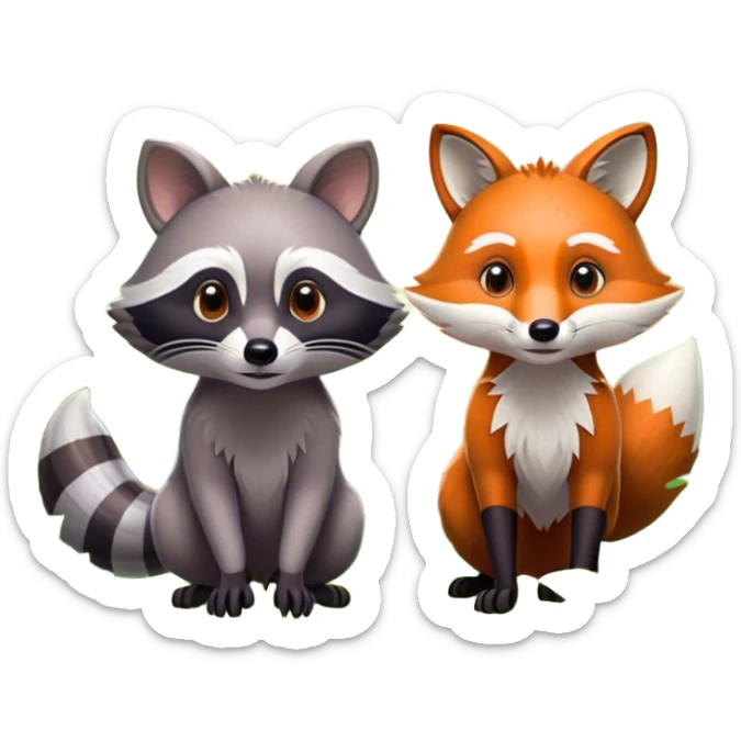 Collage of a raccoon and a fox, in close-up, set in a beautiful forest with tall trees, green bushes, and sunlight filtering through the leaves. Both animals look curious and playful. A vibrant, wild atmosphere with a transparent background. sticker