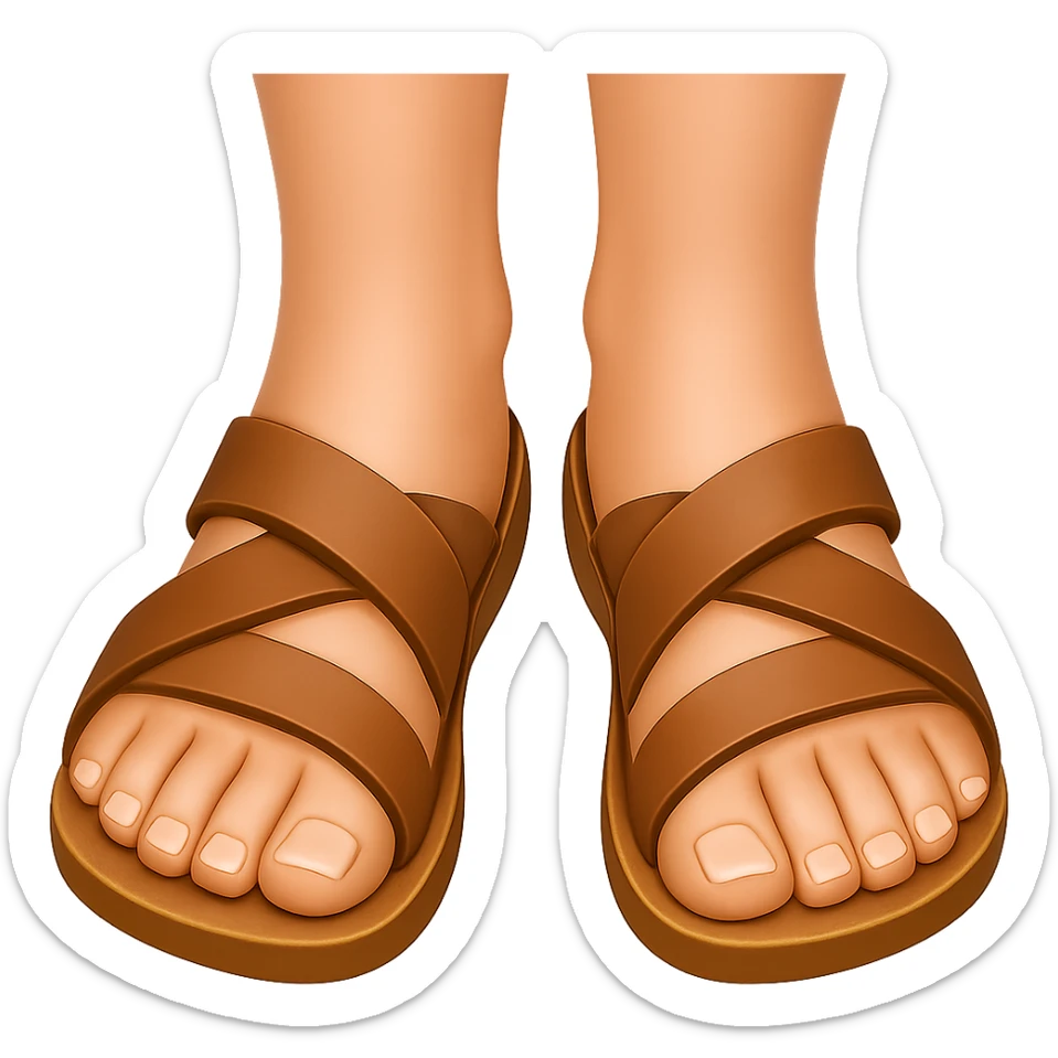 Front view of female feet in brown sandals, matching the emoji style and colors from the reference, transparent background. sticker