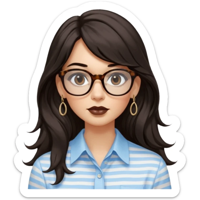 An emoji featuring a woman with very long wavy dark brown hair and a whispy straight bang, wearing thick tortoise square shaped glasses, drop earrings. She has long lashes, black eyeliner and a nude browny glossy lipstick. She's wearing an oversize light blue shirt with white vertical strips.  sticker