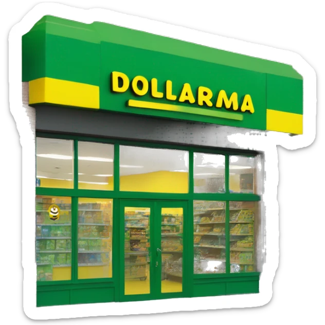 “Exterior of a Dollarama store with the bright green facade, bold yellow Dollarama sign, large front windows, and entrance doors, capturing the look of a budget-friendly retail store.” sticker
