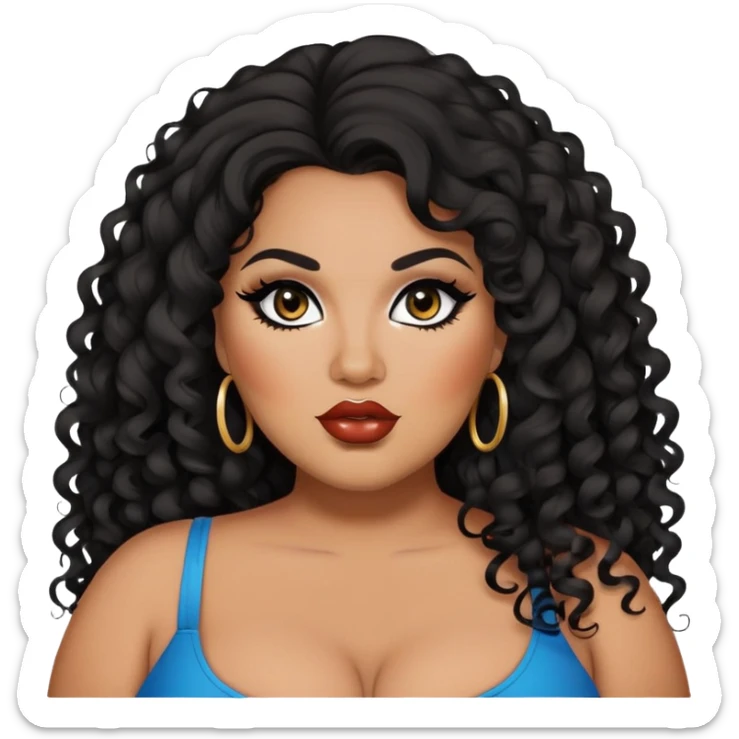 glasses, big plus size, darker tan skin, long black curly hair, baddie,pretty, makeup, lipliner, black eyeliner, long hair sticker