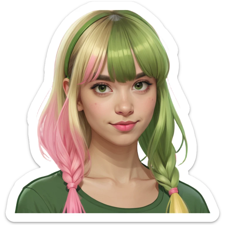 Zombiegreen girl with blonde hair, bangs, and a pink strand on the left side of the hair, which is also half of the bangs sticker