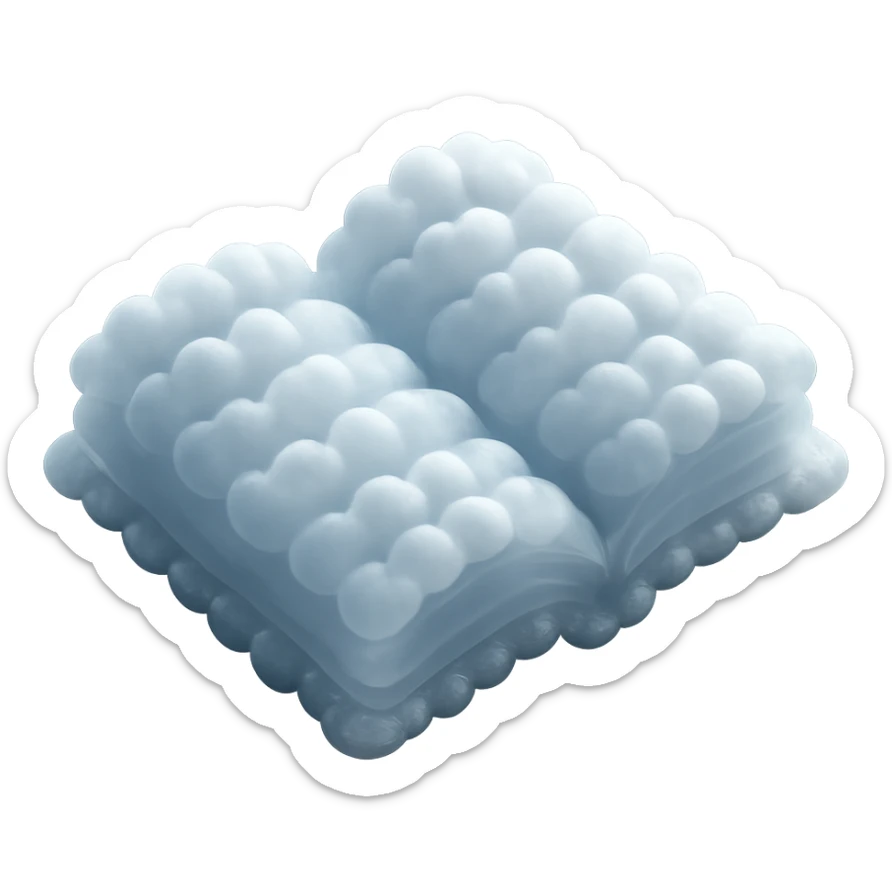 top view of a thick open book made entirely of small, very bright white fluffy convex clouds, matte glass style sticker