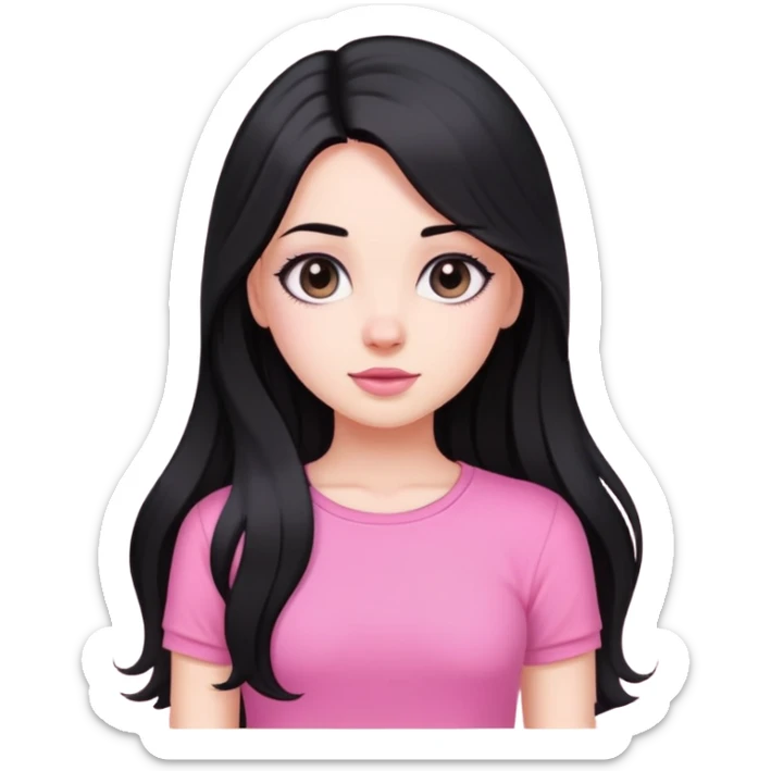 A white skin girl with black long hair and wearing a cute pink top sticker