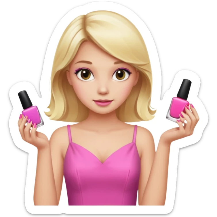 A blonde girl in pink holds nail polishes in her hand sticker