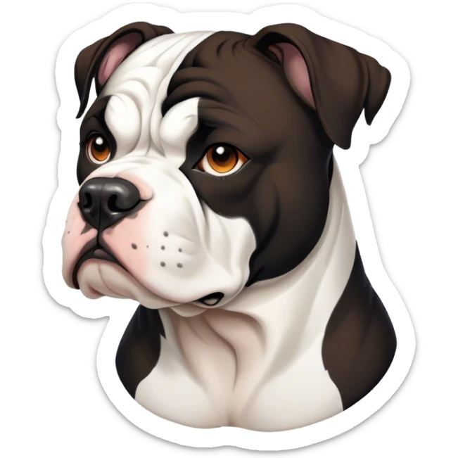 Cinematic Noble Black and White American Bulldog Portrait Emoji, Poised and regal, with a strong, muscular build and a striking black and white coat, deep-set soulful brown eyes, Simplified yet sharp and sophisticated features, highly detailed, glowing with a soft, dignified glow, high shine, intelligent and loyal, stylized with an air of strength, focused and attentive, soft glowing outline, capturing the essence of a watchful and confident guardian, so majestic it feels as though it could step out of the screen with effortless authority! sticker
