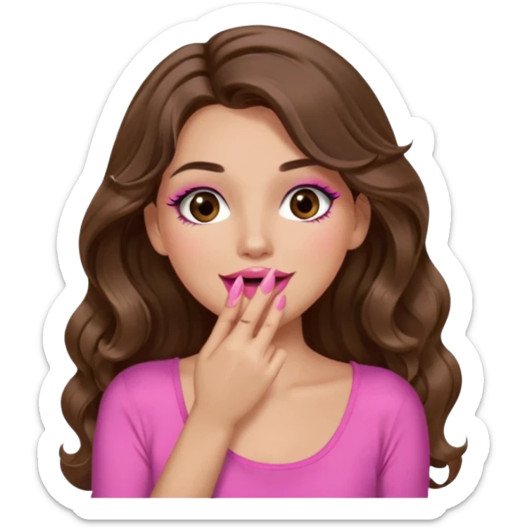 girl with long wavy brown hair, brown eyes, long lashes makeup, sexy pink lips, light to medium complexion, wearing a pink sexy top, sexy, giggling hand covering mouth sticker