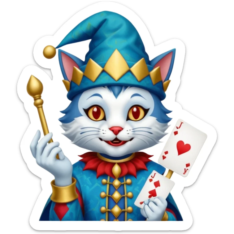 crazy colorful cute little cat jolly joker from poker, medieval, vintage, court jester, mac os icon, blue color, holds a single poker card sticker
