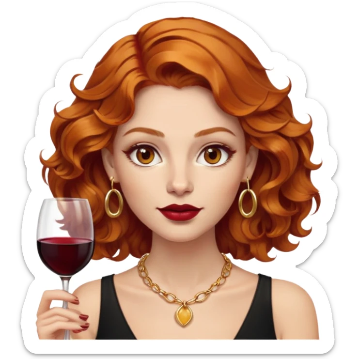 Woman, wavy ginger hair, light brown eyes, hoop gold earings, gold necklace and wine read lip sticker