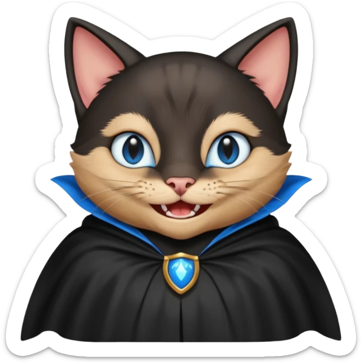 an all black anthropomorphic cat with blue eyes wears an all black cape and is smiling a mischievous sharp tooth grin sticker