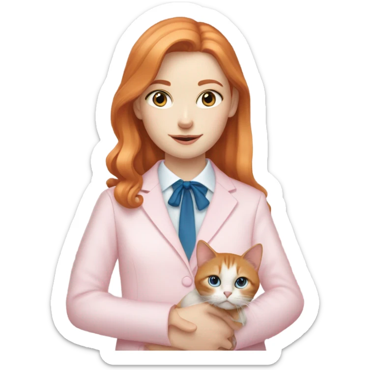 A ginger pale girl with blue eyes wearing a light pink long sleeve shirt holding a tuxedo cat with a pink nose sticker