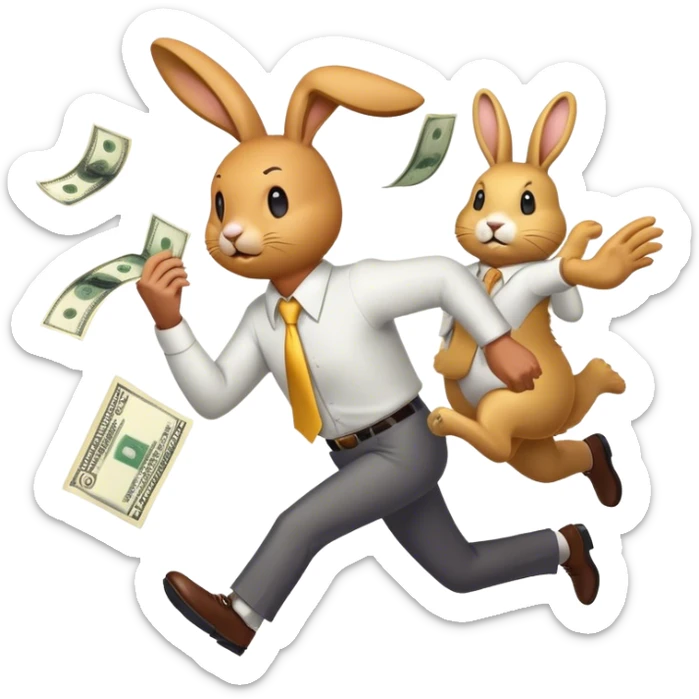 Design an emoji of a stressed-out business owner chasing a golden rabbit holding a dollar bill. The entrepreneur looks exhausted, sweating, and running endlessly, as if stuck in an infinite loop sticker
