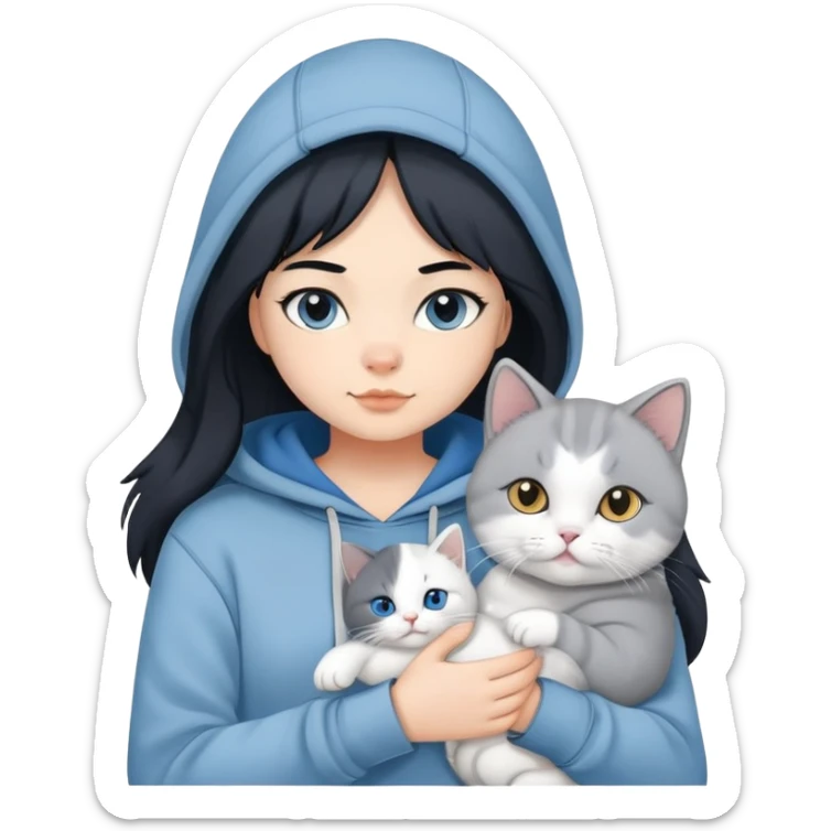 Girl with black hair wearing gray hoodie with a British shorthair blue and white cat and a long-haired blue and white cat sticker