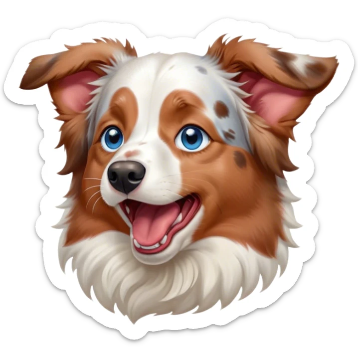 Cinematic Cute Yawning Predominantly White Red Merle Australian Shepherd Portrait Emoji, Head tilted slightly with a dramatic, wide-open yawn, predominantly white fur with hints of red merle, floppy ears slightly drooping, round blue eyes barely open in drowsy contentment, Simplified yet irresistibly adorable features, highly detailed, glowing with a soft, cozy glow, high shine, relaxed yet expressive, stylized with a touch of whimsy, bright and endearing, soft glowing outline, capturing the essence of a sleepy yet affectionate pup, so drowsy it feels like it could stretch right out of the screen and curl up for a nap! sticker