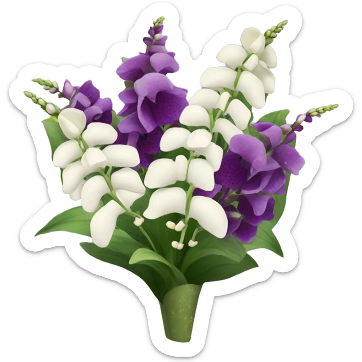 Bouquet of white foxglove, dark purple, cream and purple speckled orchids, and tall greenery  sticker