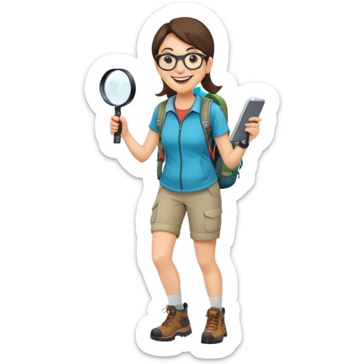 Extremely happy joyful woman in her late 30s with glasses wearing sporty outfit, hiking boots, and backpack, holding a magnifying glass with big smile sticker