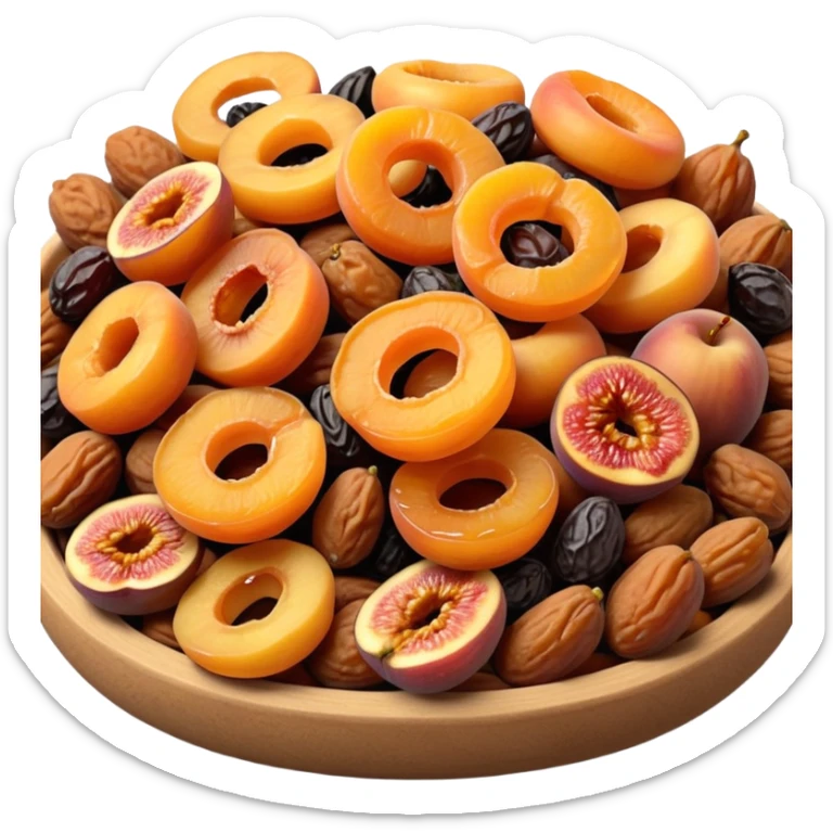 neat pile of dried fruits apricots figs dates raisins apple rings, realistic textures, warm colors, slight wrinkling, 3D-rendered, clean minimalist, soft shadows, gentle highlights, no anthropomorphic features, no bowl or tray, transparent background, emoji scale sticker