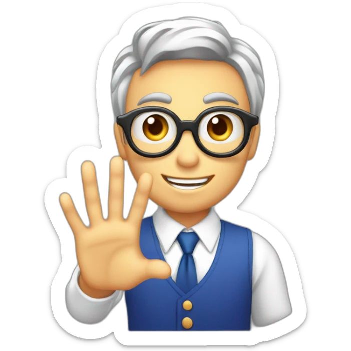 hex color of eyes #f0c13d, hex color of face #ddb57c, face without eyeglasses, young blogger says hi raising his hand, camera in one hand sticker