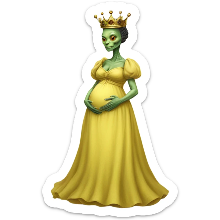Pregnant reptilian alien woman, full body, in victorian jellow elegant dress, have a crown sticker