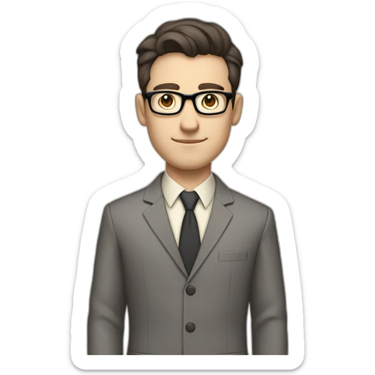 Full height Pale skinned Fit Man With dark brown hair in classic gray suit, beige office shirt, dark gray tie, and vintage glasses. His hands lock sticker