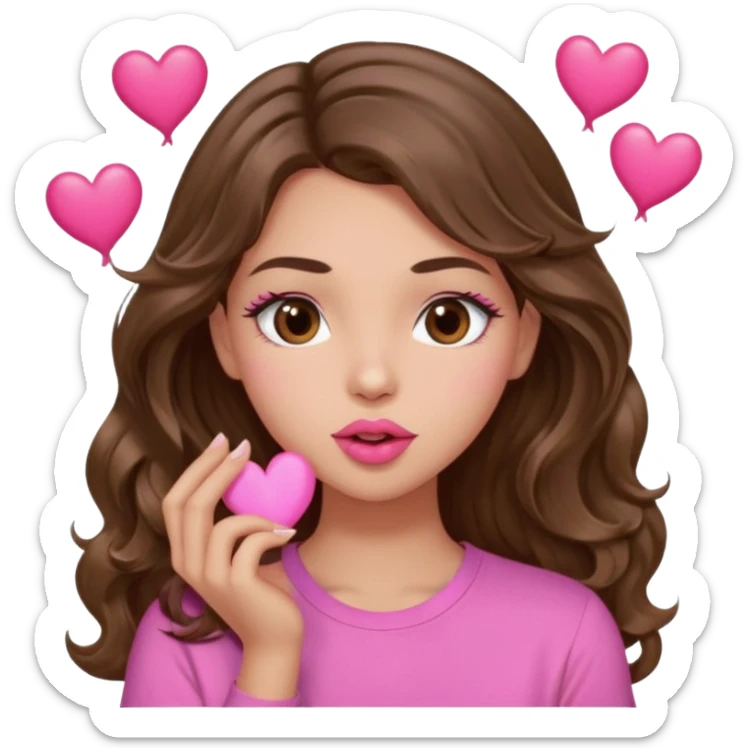 girl with long wavy brown hair, brown eyes, light to medium complexion, in a pink shirt, pink lips, long lashes, puckering up for a kiss, kiss lips and hearts in hand sticker