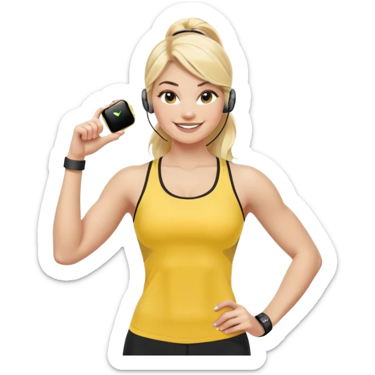 Sporty blonde woman in yellow top and black leggings, showing bicep, smiling, with wireless earbud and Apple Watch sticker